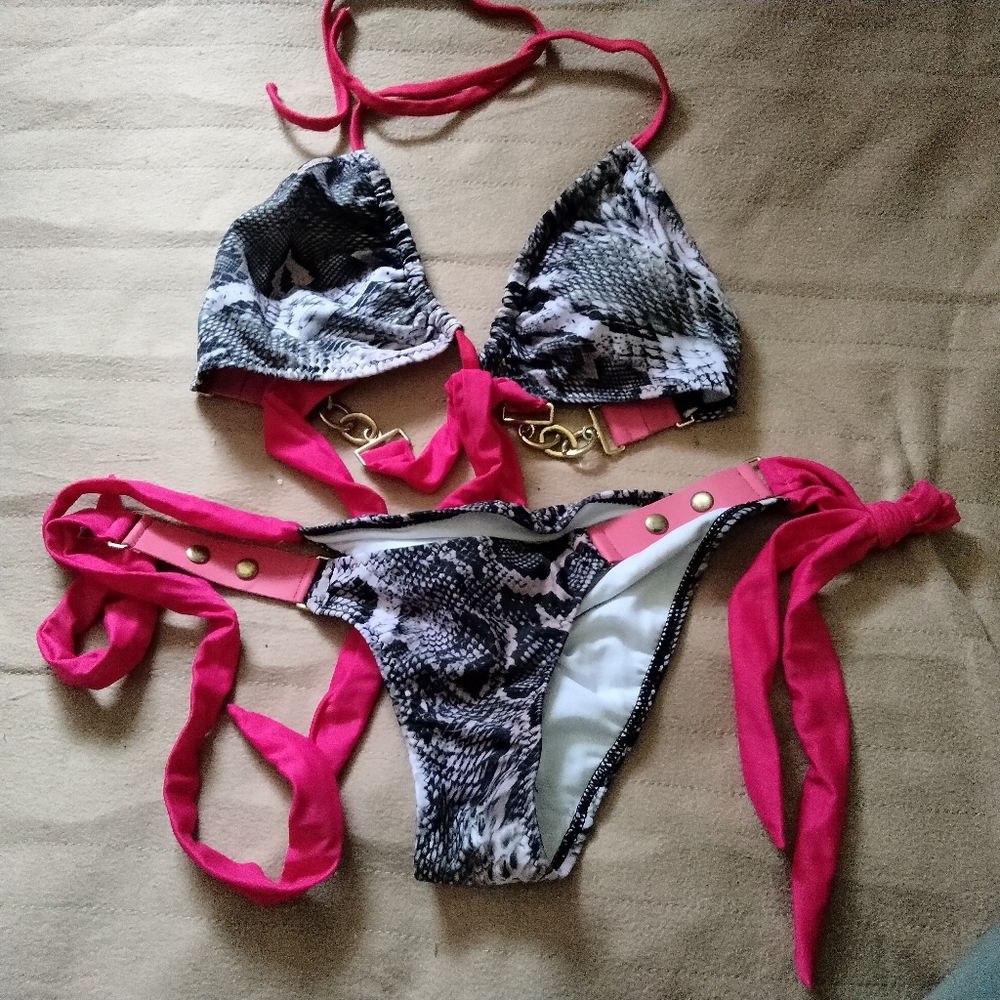 Pink Snake Print Chain Bikini Swimsuit Set SP / XS
